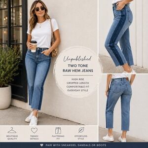Unpublished Jeans Women Size 31 Blue Two Tone Raw Hem Straight Crop  High Rise